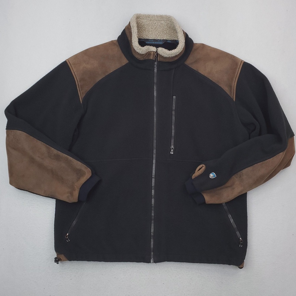 Kuhl Alpenwurx Jacket Men XL Black Brown Fleece Bomber Sherpa Outdoor Faux Suede